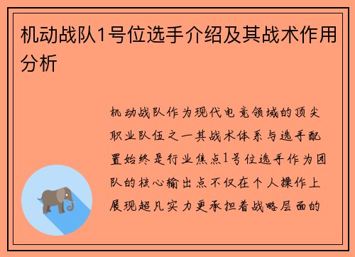机动战队1号位选手介绍及其战术作用分析