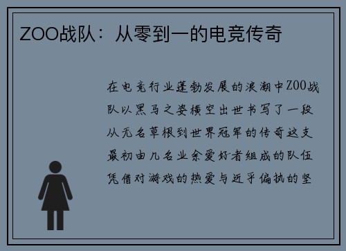 ZOO战队：从零到一的电竞传奇
